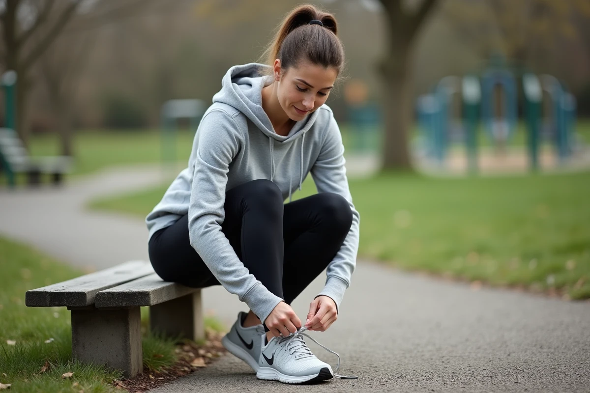 Femme en train de lacer ses chaussures dans un parc
