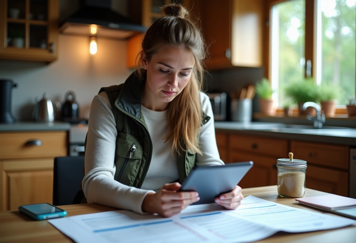 Jeune femme v&eacute;rifiant permis de p&ecirc;che et notes &agrave; la maison