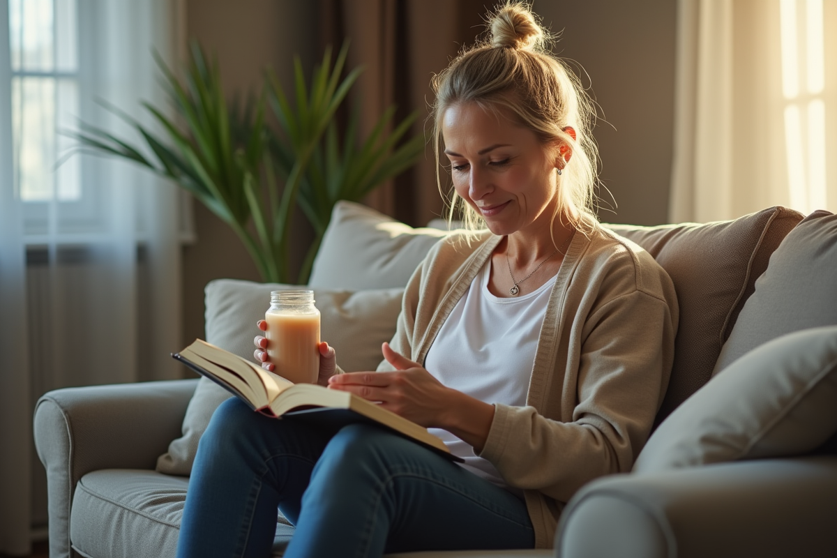 Femme lisant avec shake protéine dans un salon lumineux