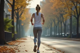 Femme en tenue de sport marchant d'un pas rapide sur un trottoir urbain bordé d'arbres en automne, illustrant une marche quotidienne de 7500 pas pour maigrir
