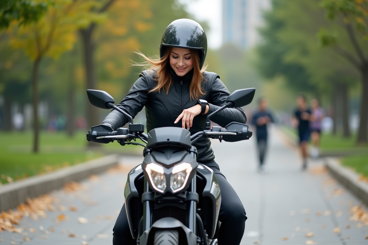 Femme en moto urbaine vérifiant sa montre dans un parc