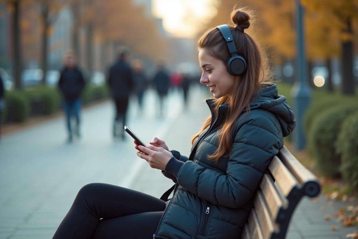 Jeune femme souriante consultat résultats sportifs sur smartphone