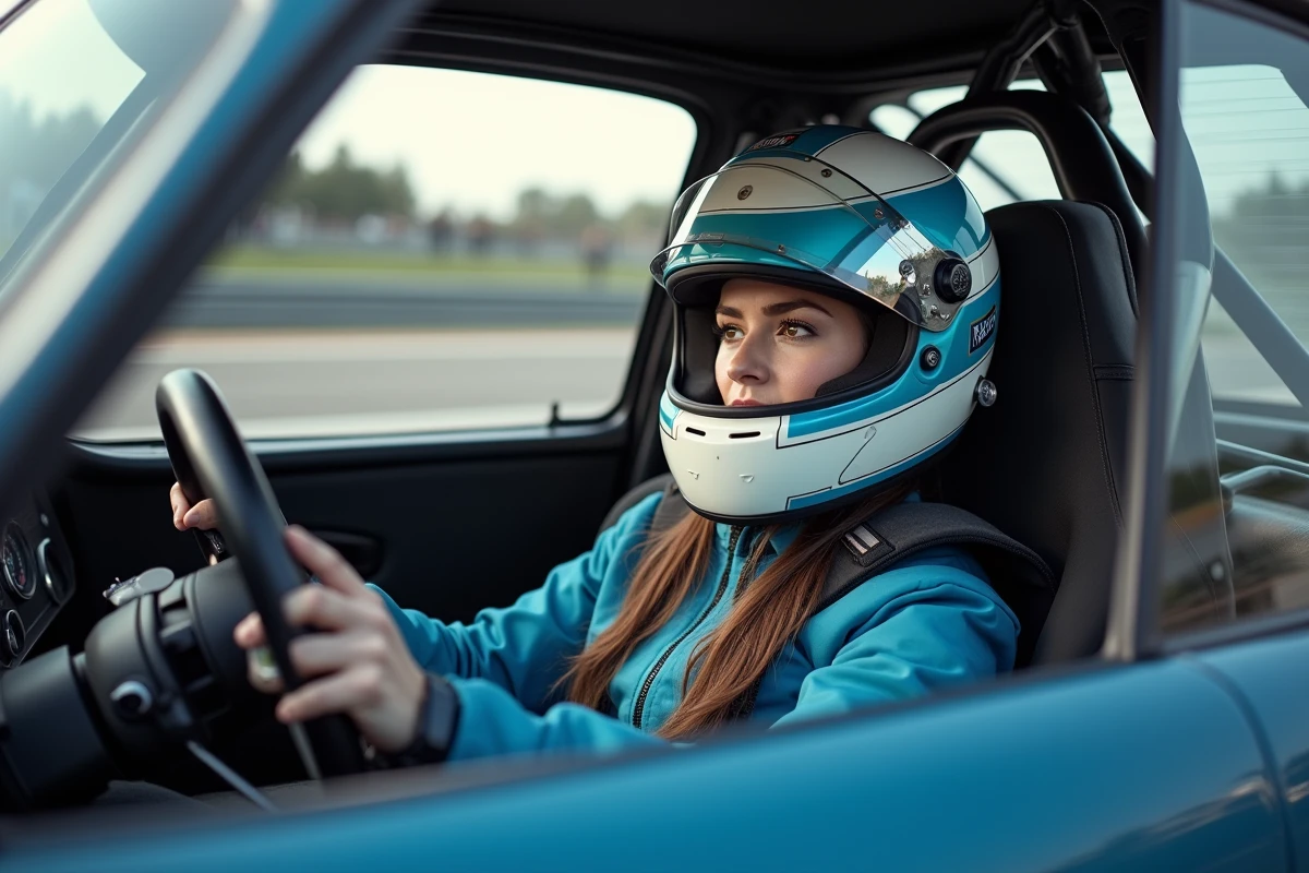 Femme pilote casquée au volant d'une voiture de course dans le cockpit lors d'un stage de pilotage sur circuit