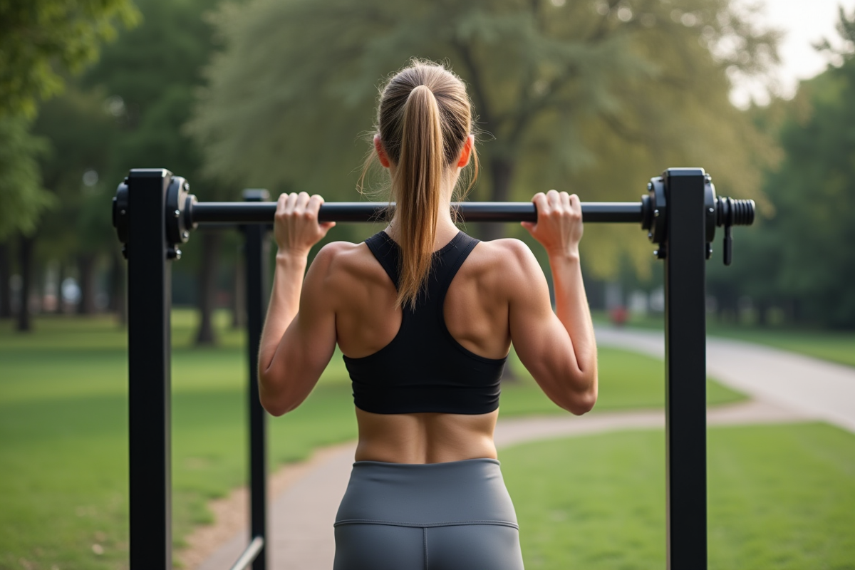 Femme après un exercice de pull-up en plein air