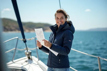 Femme souriante en bateau &agrave; voile avec carte nautique