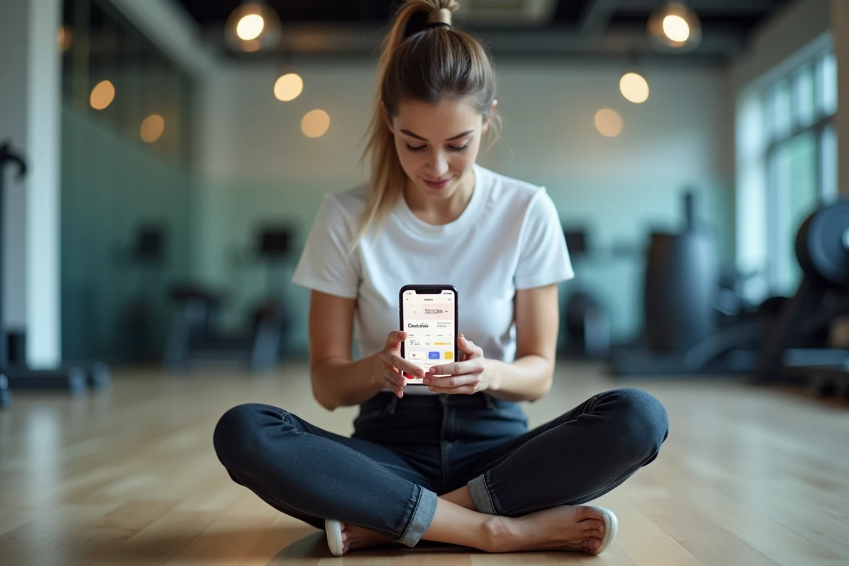 Jeune femme en salle de sport consultant Google Fit pour convertir ses pas en kilomètres