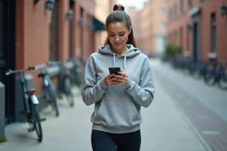 Femme en tenue de sport consultant une application de suivi de pas sur son smartphone en ville