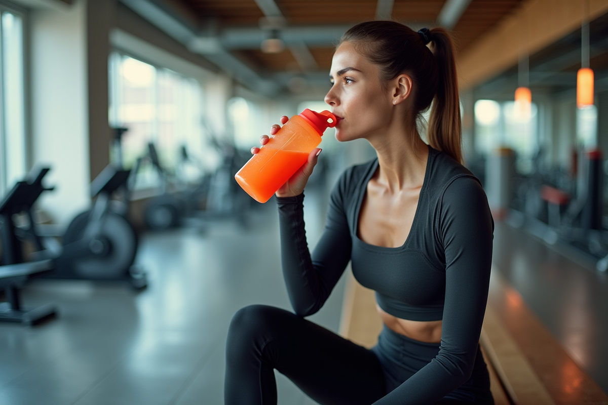 Femme sportive buvant dans une bouteille dans une salle de sport