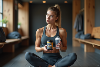 Jeune femme sportive avec BCAA dans un vestiaire moderne