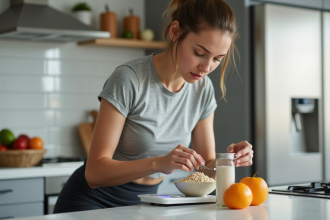 Femme sportive mesurant des flocons d'avoine en cuisine