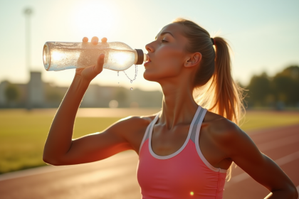 Athlète féminine buvant de l'eau lors d'une course matinale en extérieur