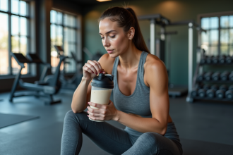 Femme sportive mélangeant protéine dans un shaker en salle de sport