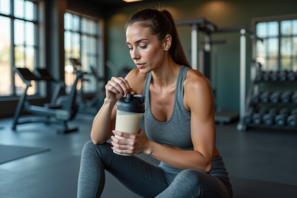 Femme sportive mélangeant protéine dans un shaker en salle de sport