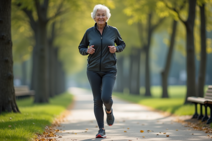 Femme âgée courant dans un parc urbain en tenue moderne