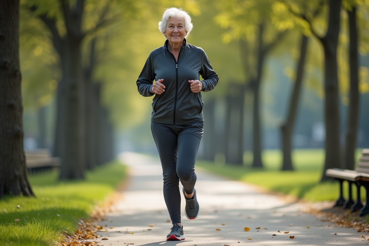 Femme âgée courant dans un parc urbain en tenue moderne