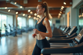 Femme en tenue de sport courant sur un tapis moderne