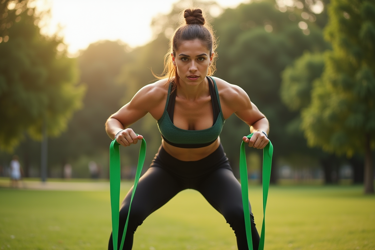 Femme en extérieur utilisant bandes vertes pour des squats au parc