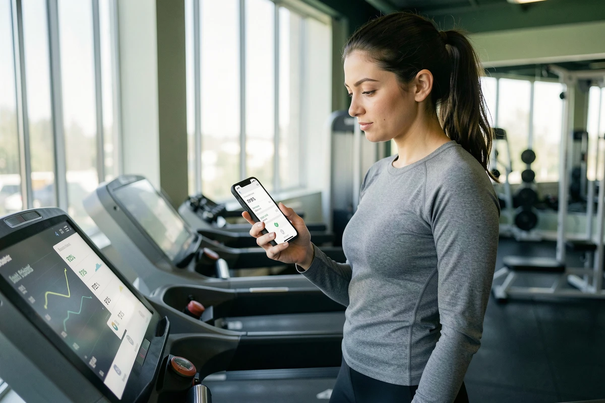 Femme consultant une application de suivi de performance avec des données percentiles P100 après un entraînement