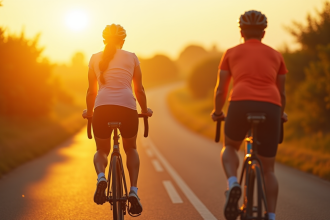 Femme sportive roulant à vélo en campagne en fin de journée