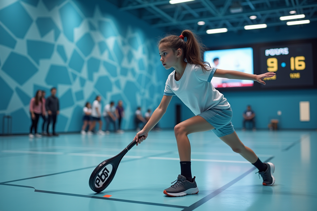 Jeune fille en tenue futuriste préparant un coup dans une arène intérieure