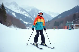 Jeune femme en ski débutante sur une pente enneigee