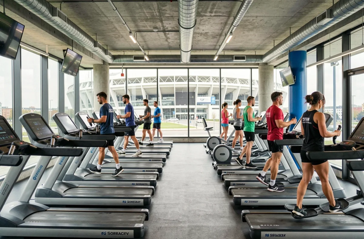 Salle de sport Fitness Park Saint-Denis Stade de France avec vue sur le stade emblématique depuis les machines cardio