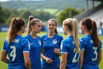 Joueuses de football féminin en huddle tactique sur un terrain de football normand dans le Calvados