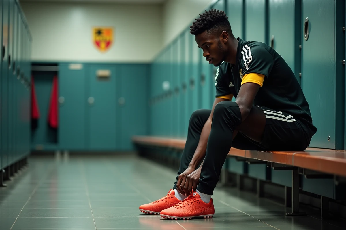 Footballeur congolais en vestiaire se pr&eacute;parant pour un match