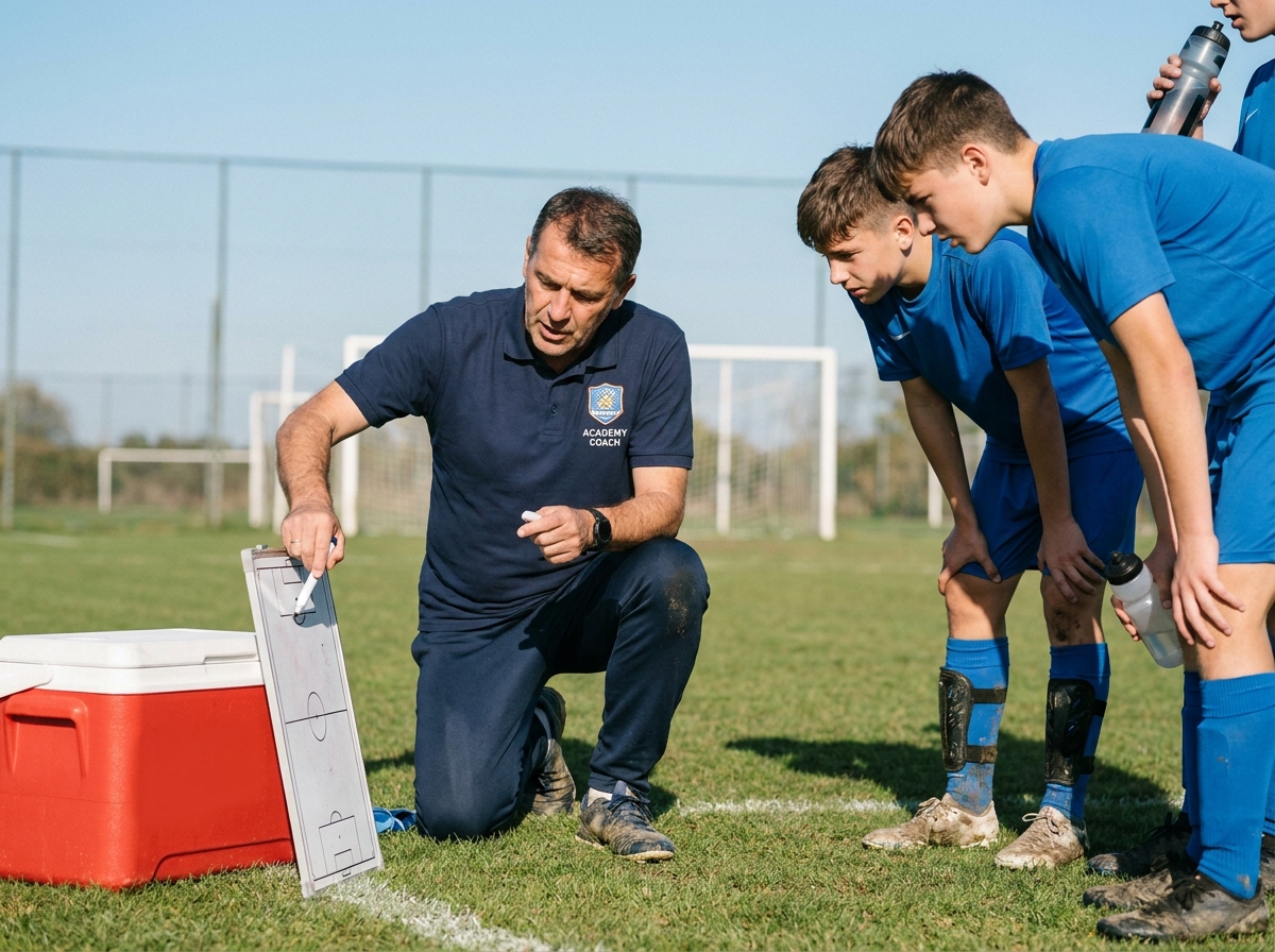 Formateur expérimenté donnant des consignes tactiques à deux jeunes footballeurs lors d'un stage de vacances d'été