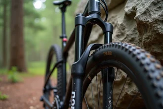 Fourche Manitou Comp montée sur un VTT hardtail appuyé contre un rocher en forêt de pins