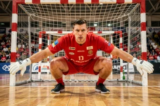 Gardien de handball en rouge en position défensive devant le but lors d'un match Portugal Danemark