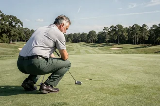 Joueur de golf en position accroupie lisant la pente d'un long putt sur un green de championnat