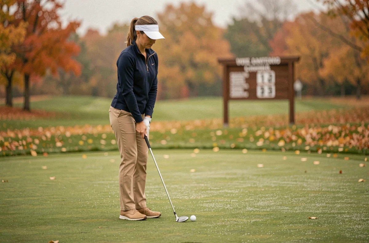 Golfeuse en posture d'adresse pour un long putt sur green automnal avec feuilles dorées