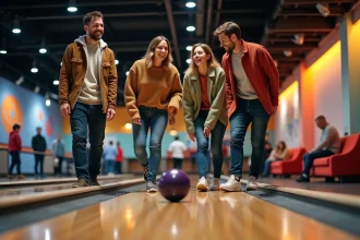 Groupe d'amis riant autour d'une piste de bowling