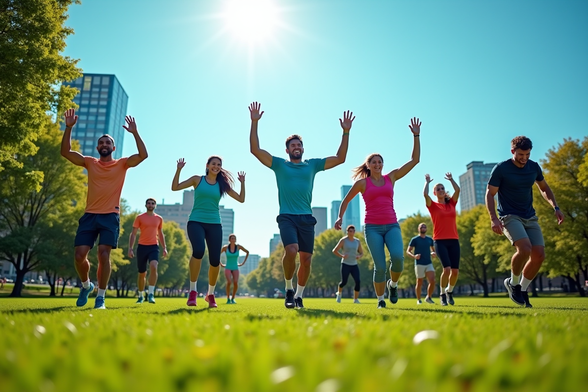 Groupe divers faisant des jumping jacks dans un parc ensoleille