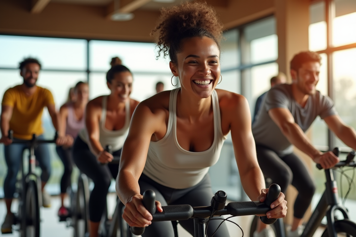 Groupe divers de personnes en cours de cyclisme en salle lumineux et dynamique