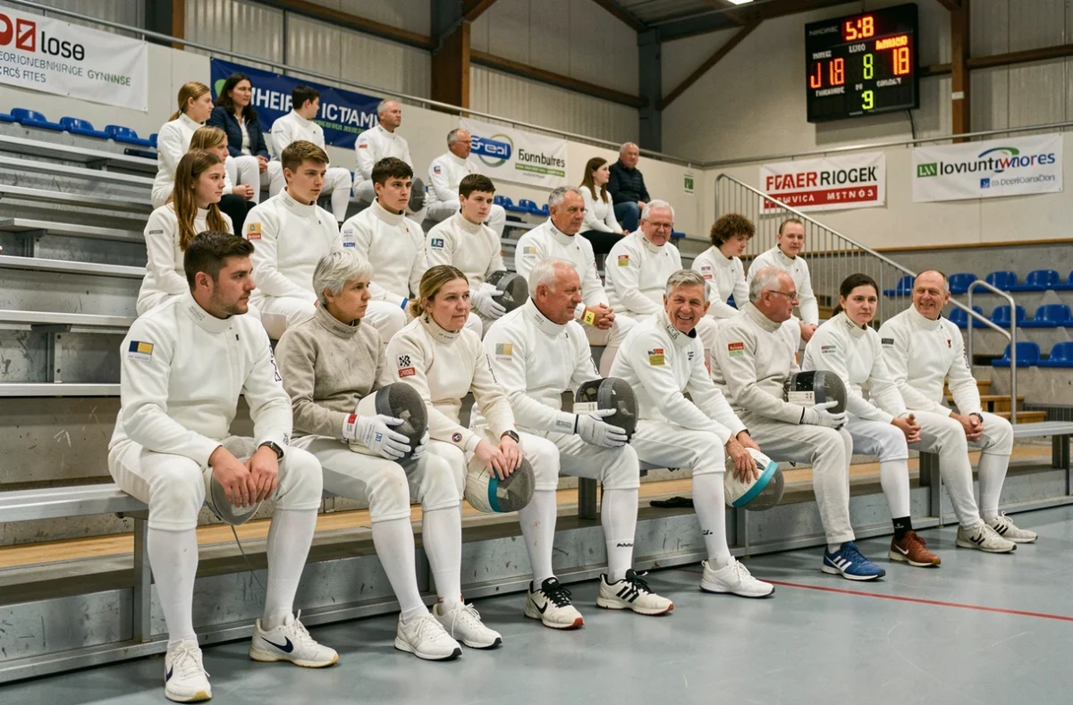 Groupe d'escrimeurs jeunes et seniors assis dans les tribunes lors d'un tournoi FFF en Yvelines