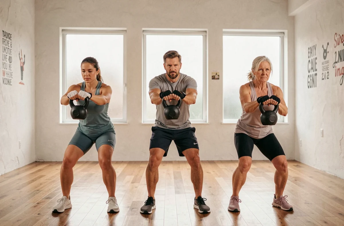 Groupe multigénérationnel pratiquant le HIIT avec des kettlebells dans un studio fitness minimaliste