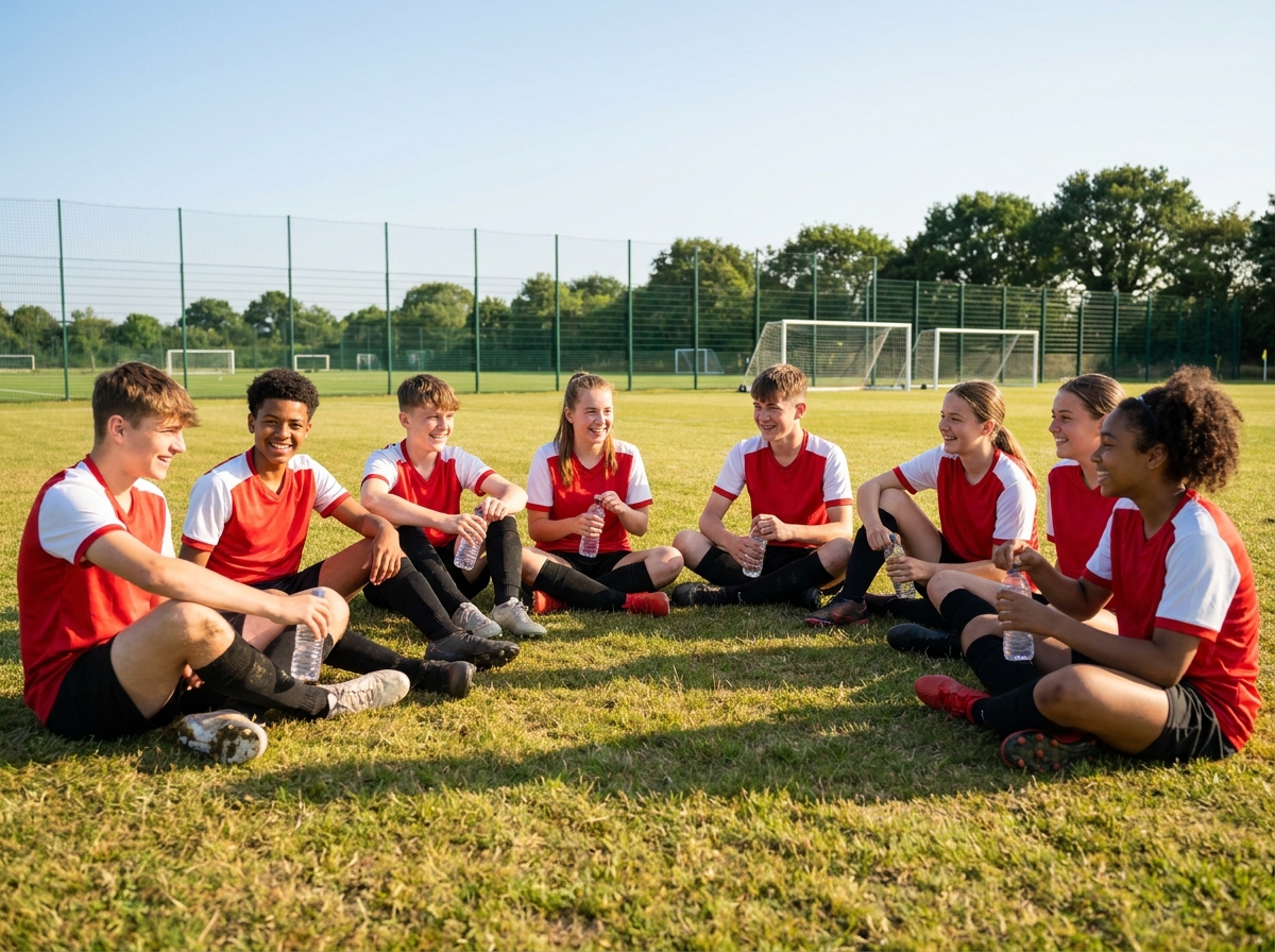 Groupe de jeunes footballeurs en pause lors d'un stage d'été, assis en cercle sur le terrain avec leurs équipements de football