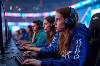 Groupe de jeunes joueurs esports dans une arene moderne