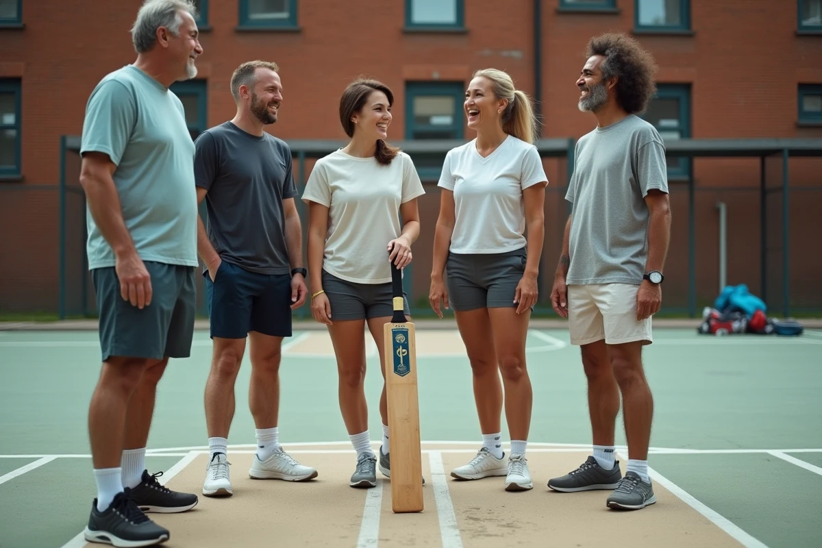 Groupe de joueurs adultes examinant une batte de tennis ball cricket Beat All Sports sur un terrain en béton urbain