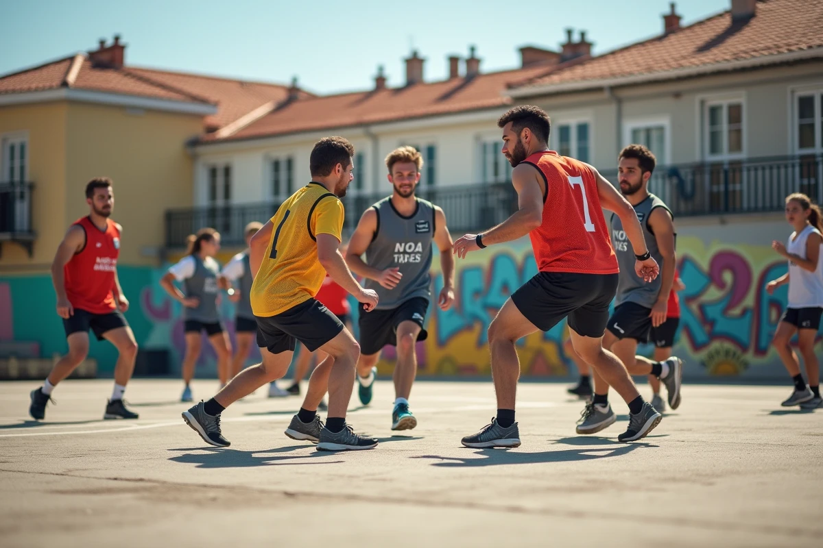 Groupe diversifié jouant au handball en extérieur à Lisbonne