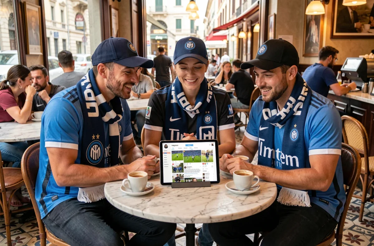 Groupe de supporters nerazzurri consultant le compte Instagram officiel de l'Inter Milan sur une tablette dans un café italien