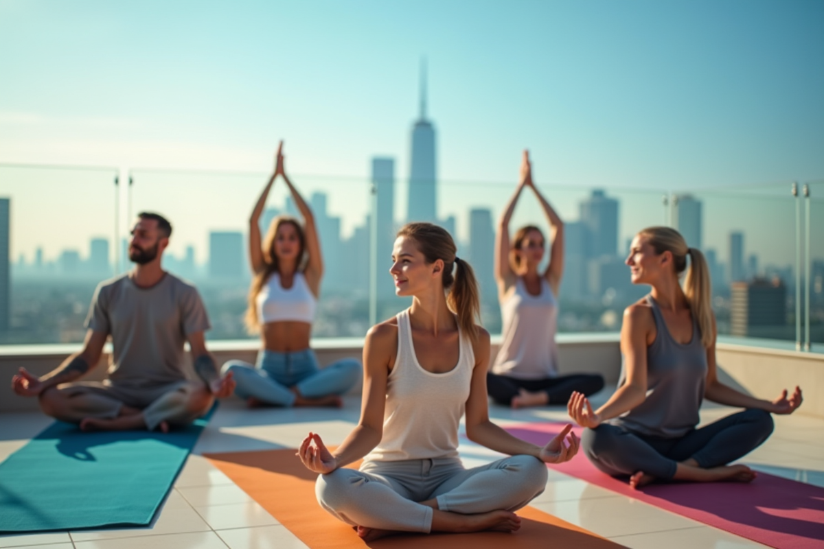 Groupe de personnes pratiquant le yoga sur un toit avec vue urbaine