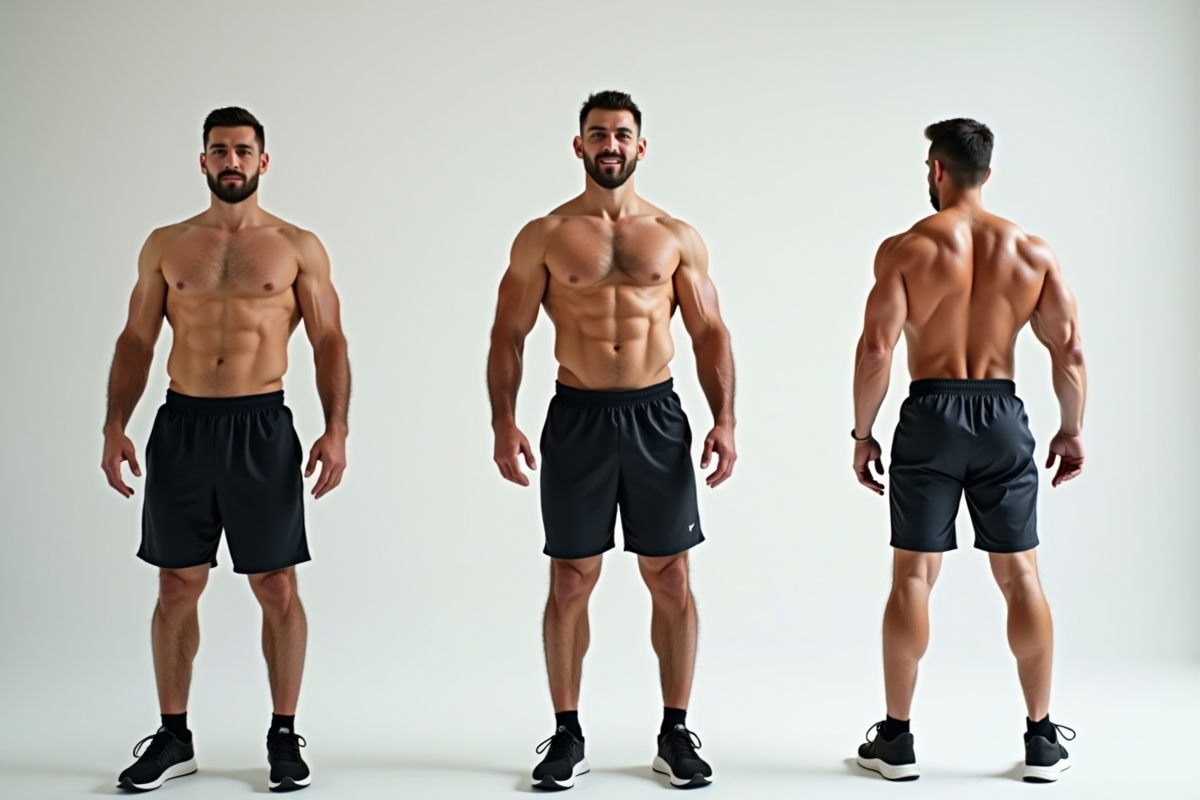 Portraits d homme montrant sa progression fitness en trois étapes