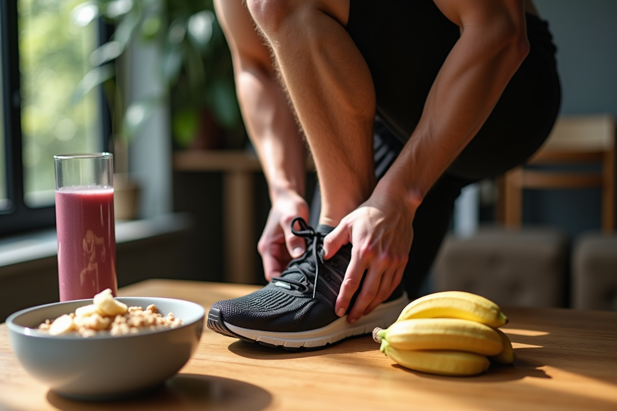 Homme musclé en tenue de sport nouant ses chaussures de course au matin