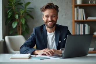 Homme en blazer dans un bureau moderne pour article