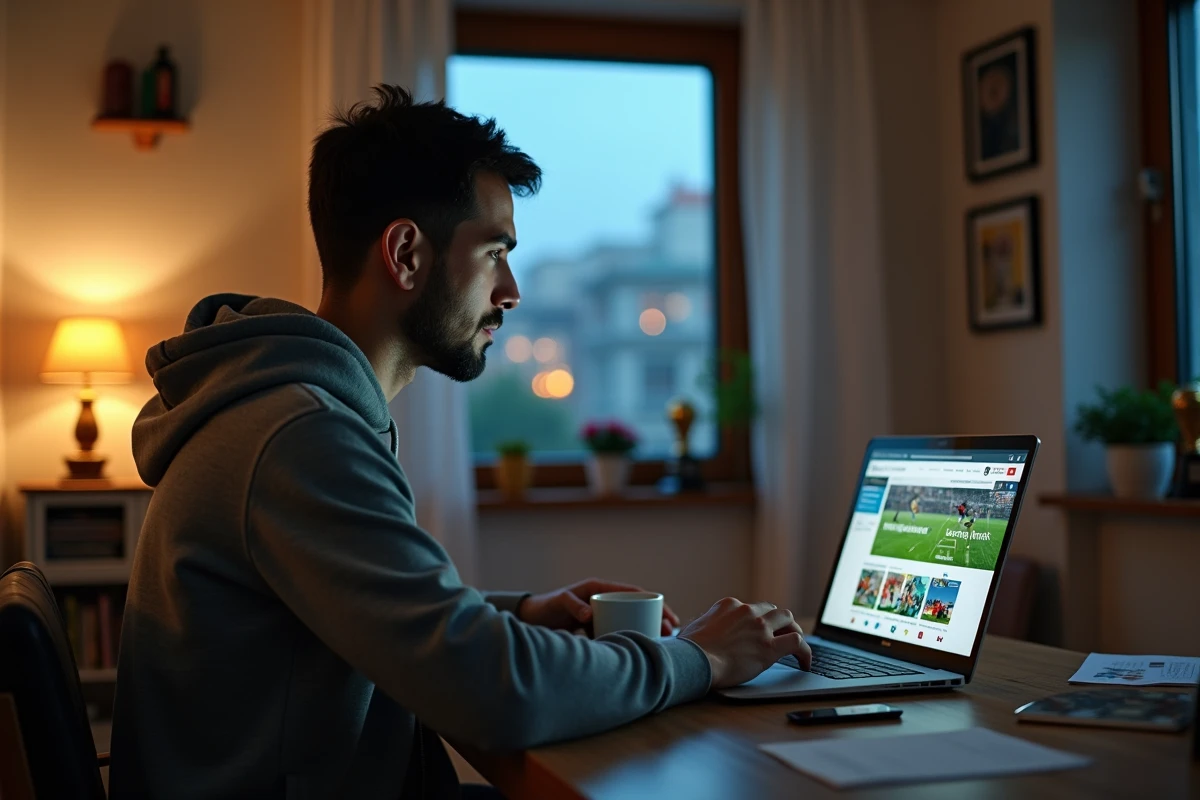 Jeune homme consultant le site Competition.dz sur un ordinateur portable dans un appartement algérien