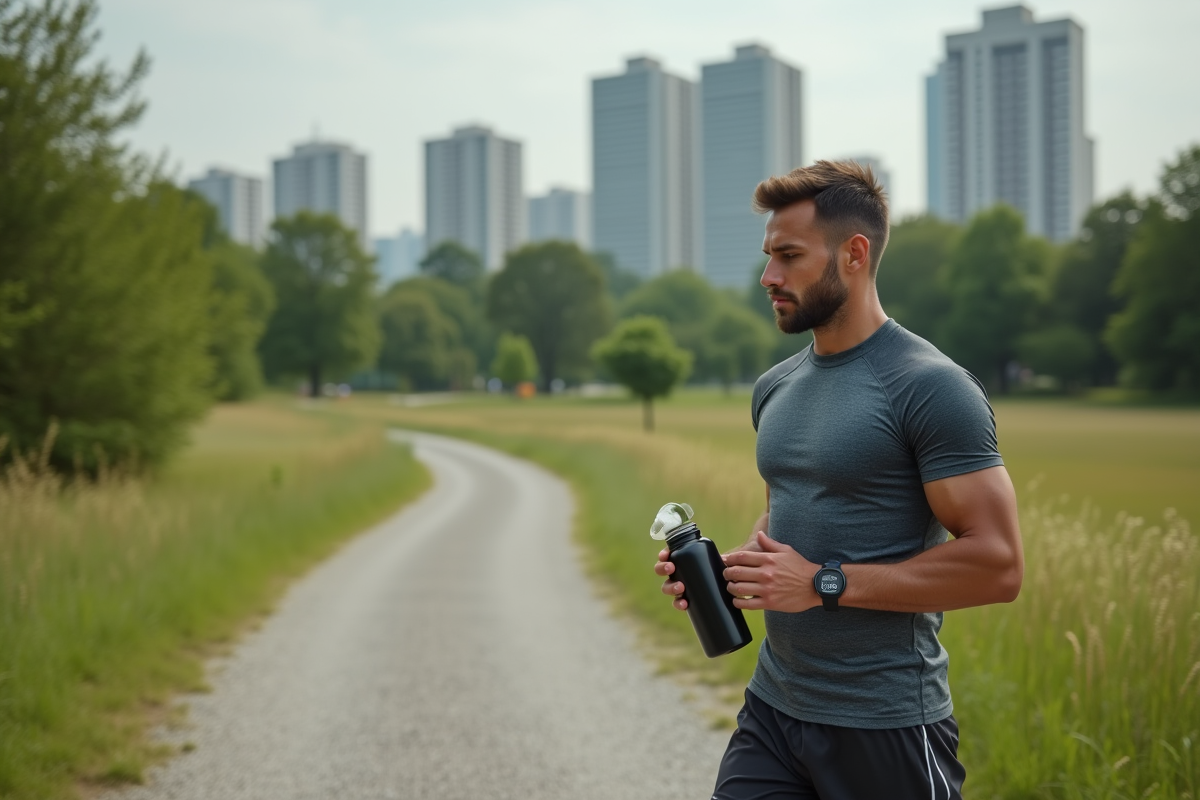 Homme courant dans un parc en versant BCAA dans sa bouteille