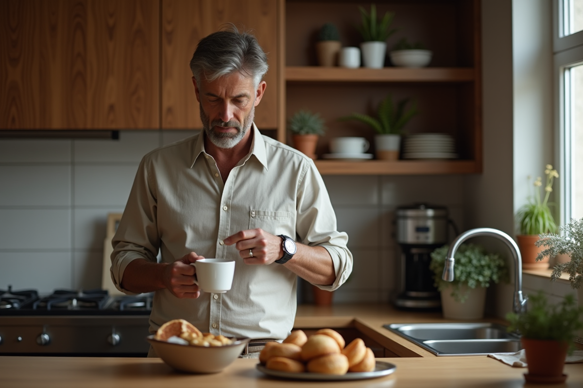 Homme contemplant ses pastries dans une cuisine chaleureuse